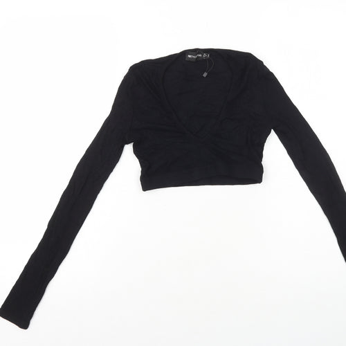 PRETTYLITTLETHING Womens Black Viscose Cropped T-Shirt Size 4 V-Neck