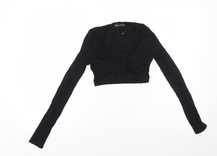 PRETTYLITTLETHING Womens Black Viscose Cropped T-Shirt Size 4 V-Neck