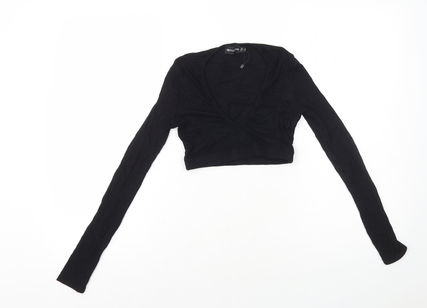 PRETTYLITTLETHING Womens Black Viscose Cropped T-Shirt Size 4 V-Neck