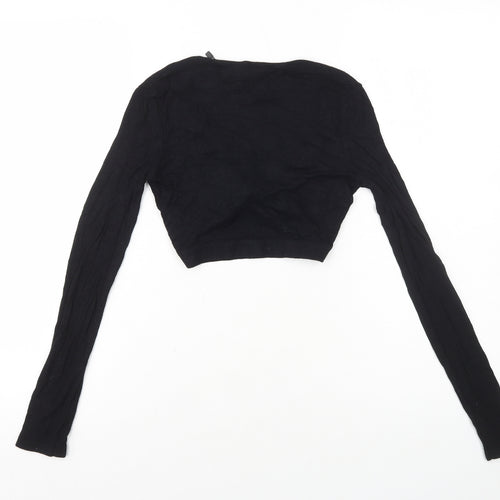 PRETTYLITTLETHING Womens Black Viscose Cropped T-Shirt Size 4 V-Neck