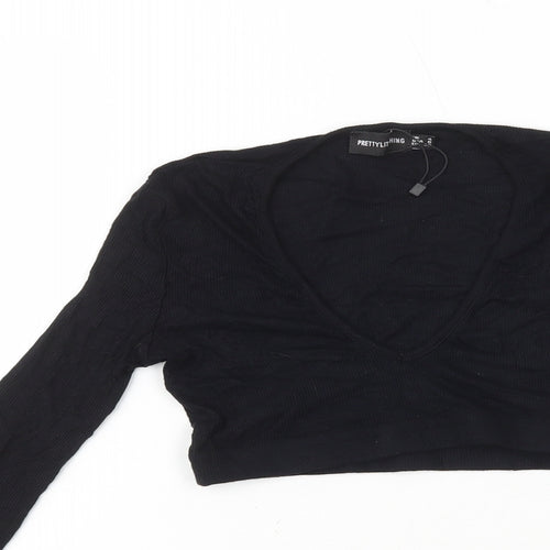 PRETTYLITTLETHING Womens Black Viscose Cropped T-Shirt Size 4 V-Neck