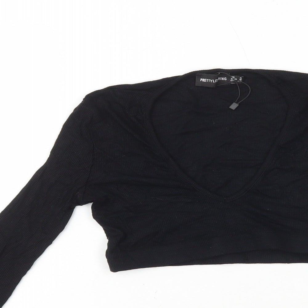 PRETTYLITTLETHING Womens Black Viscose Cropped T-Shirt Size 4 V-Neck