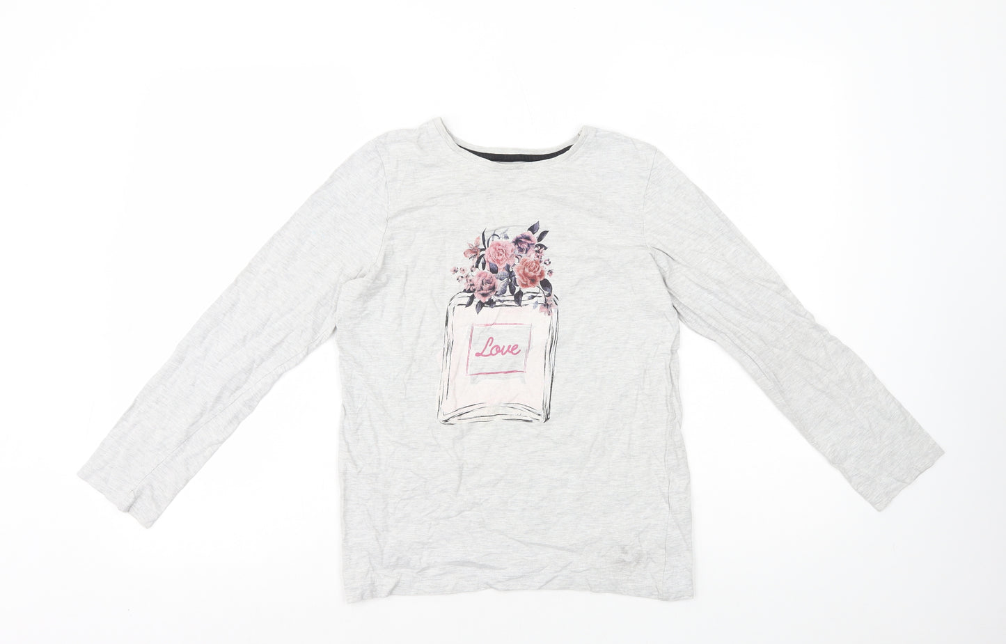 Young Dimension Girls Grey Cotton Basic T-Shirt Size 12-13 Years Round Neck Pullover - Love Flowers