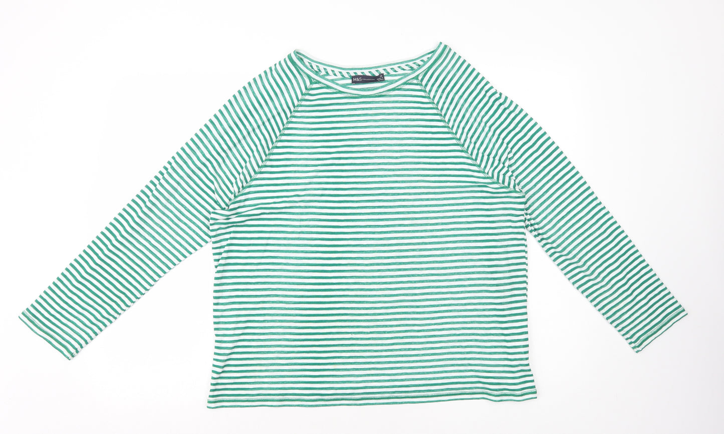 Marks and Spencer Womens Green Striped Cotton Basic T-Shirt Size 16 Round Neck