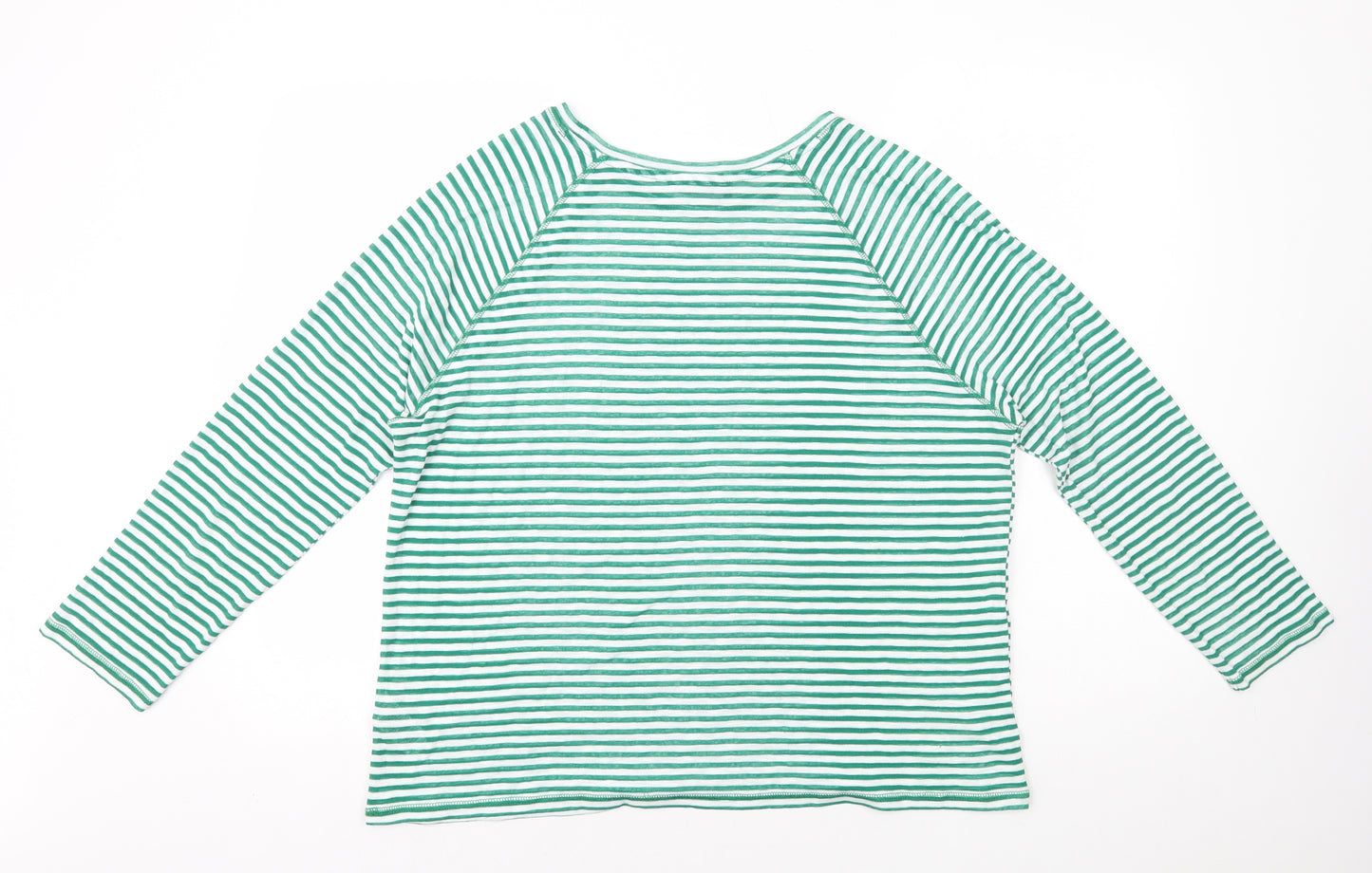 Marks and Spencer Womens Green Striped Cotton Basic T-Shirt Size 16 Round Neck