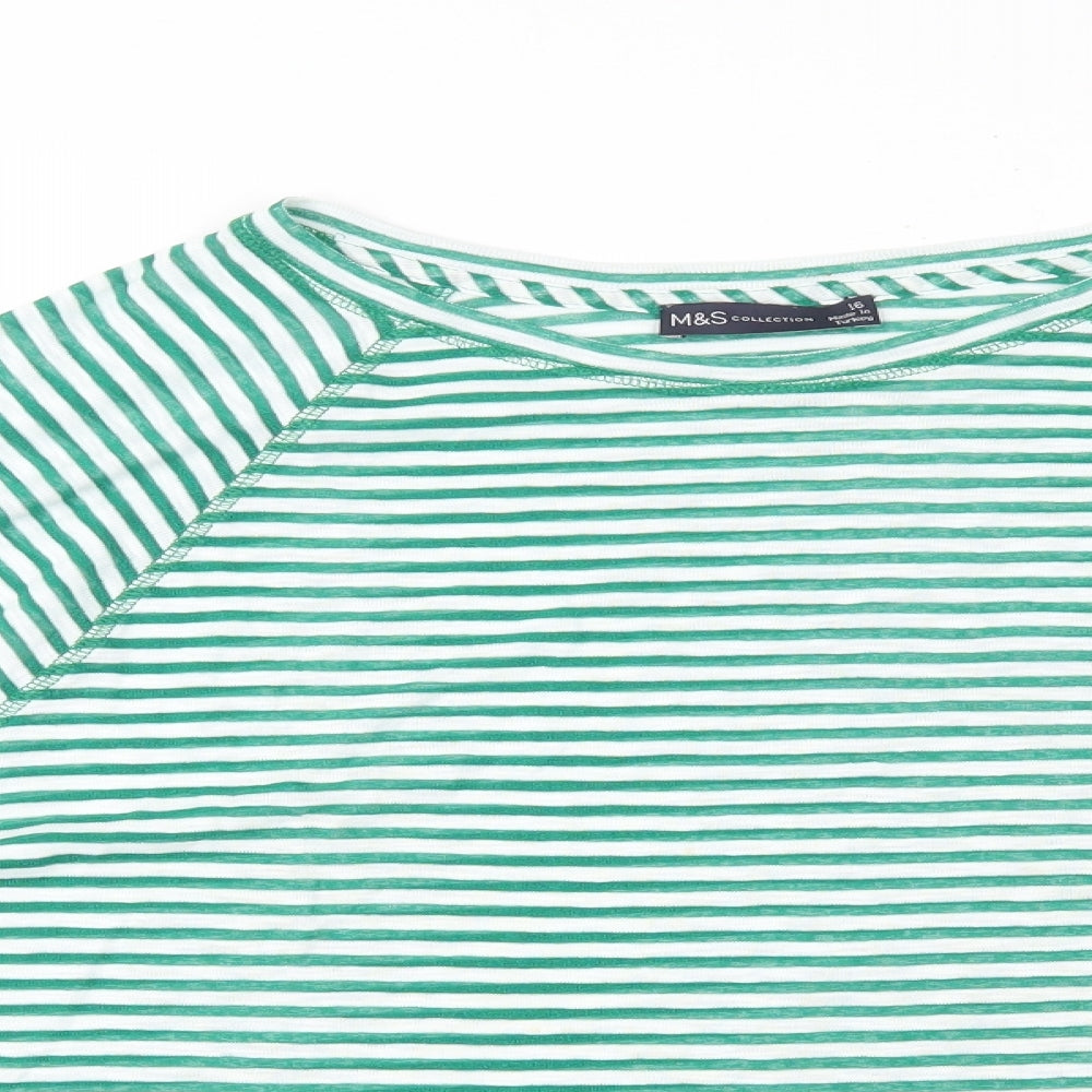 Marks and Spencer Womens Green Striped Cotton Basic T-Shirt Size 16 Round Neck