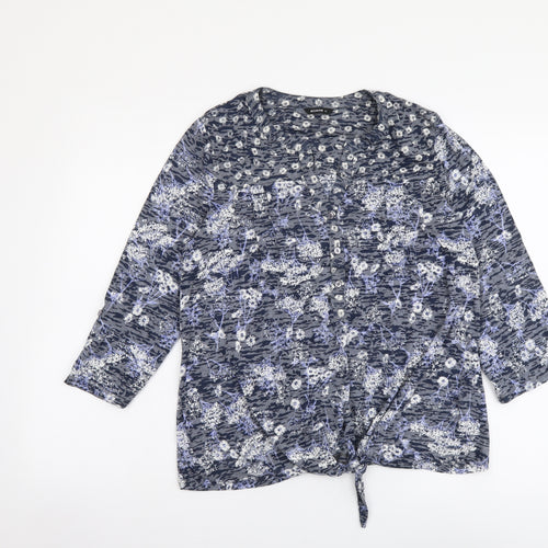 Roman Womens Grey Floral Polyester Basic Button-Up Size 12 V-Neck