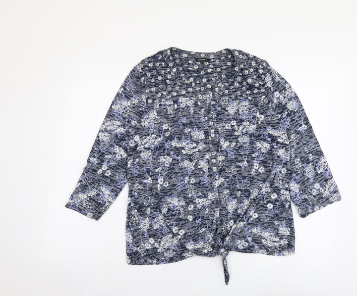 Roman Womens Grey Floral Polyester Basic Button-Up Size 12 V-Neck
