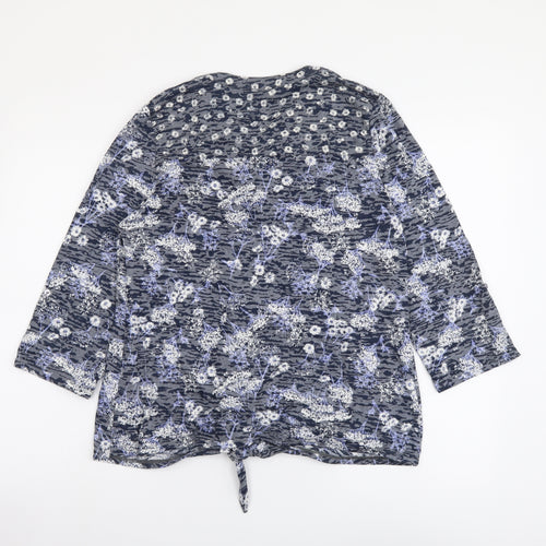 Roman Womens Grey Floral Polyester Basic Button-Up Size 12 V-Neck