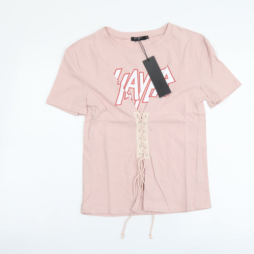 Eight Womens Pink Cotton Basic T-Shirt Size S Round Neck - Lace Up Detail