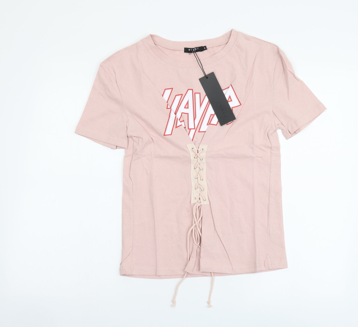 Eight Womens Pink Cotton Basic T-Shirt Size S Round Neck - Lace Up Detail