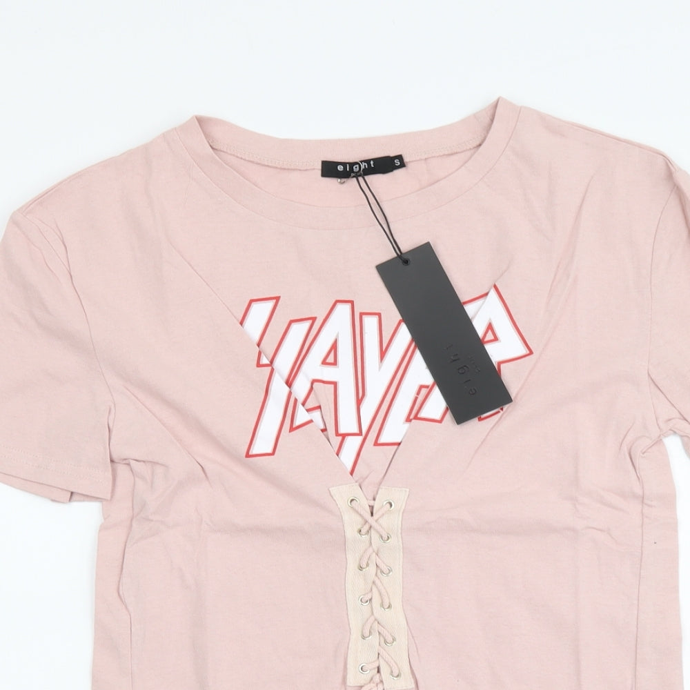 Eight Womens Pink Cotton Basic T-Shirt Size S Round Neck - Lace Up Detail