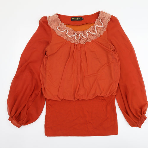 Pussycat London Womens Orange Polyester Basic Blouse Size S Round Neck