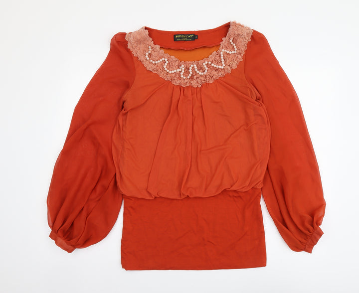 Pussycat London Womens Orange Polyester Basic Blouse Size S Round Neck
