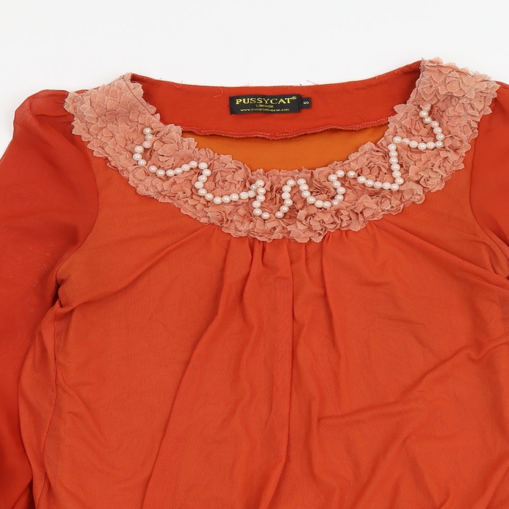 Pussycat London Womens Orange Polyester Basic Blouse Size S Round Neck
