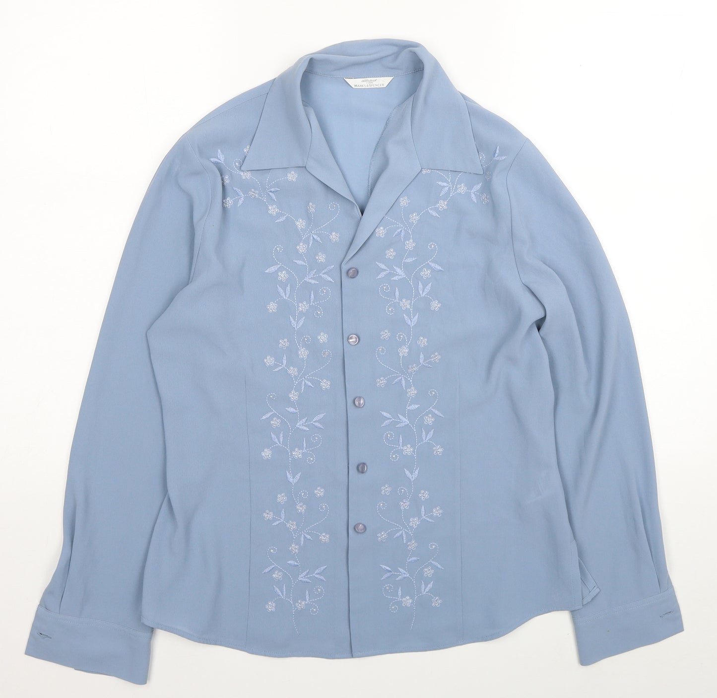 Marks and Spencer Womens Blue Floral Polyester Basic Button-Up Size 12 Collared