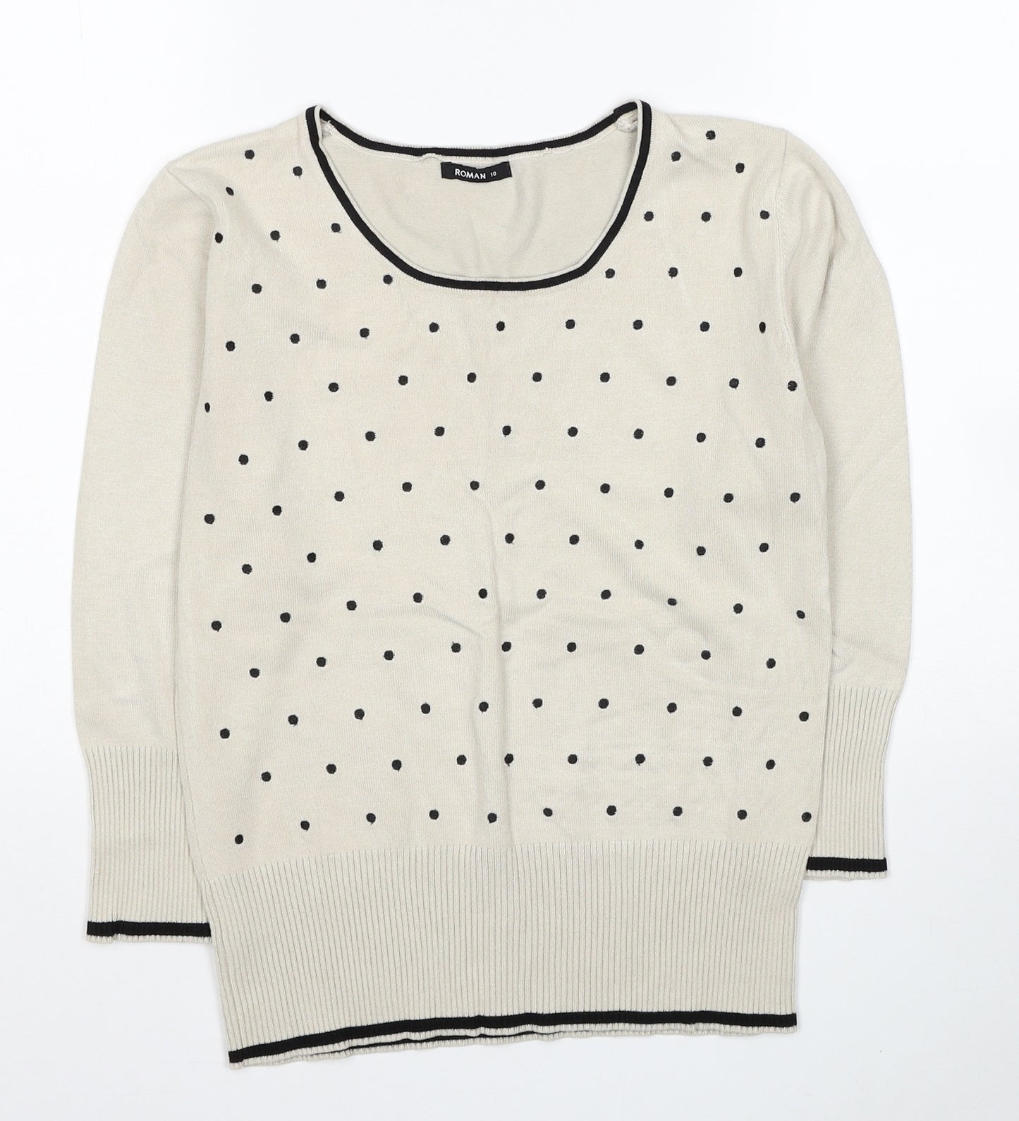 Roman Womens Beige Scoop Neck Polka Dot Acrylic Pullover Jumper Size 10