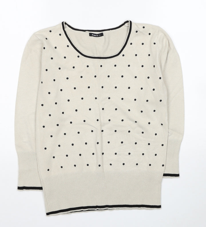 Roman Womens Beige Scoop Neck Polka Dot Acrylic Pullover Jumper Size 10
