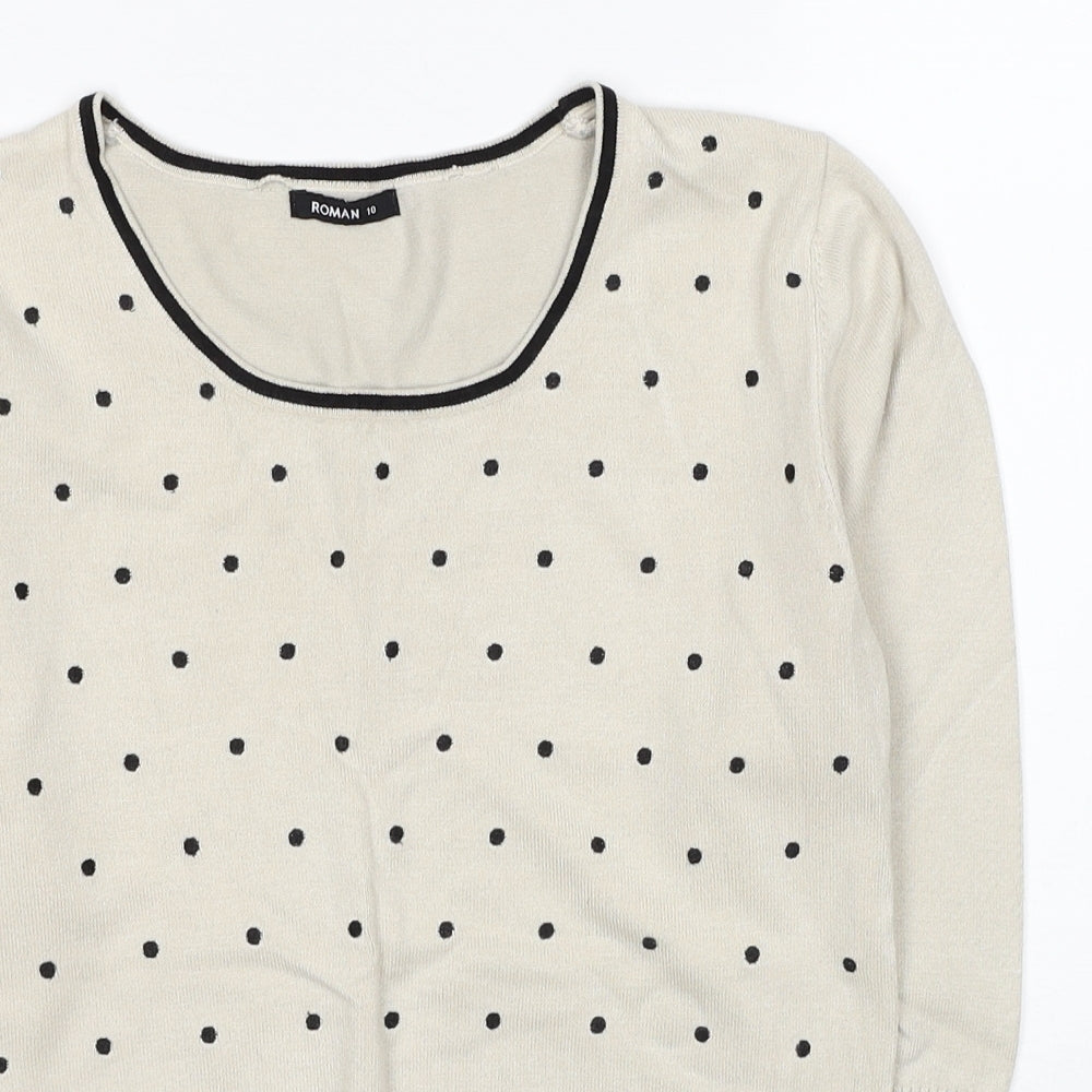 Roman Womens Beige Scoop Neck Polka Dot Acrylic Pullover Jumper Size 10