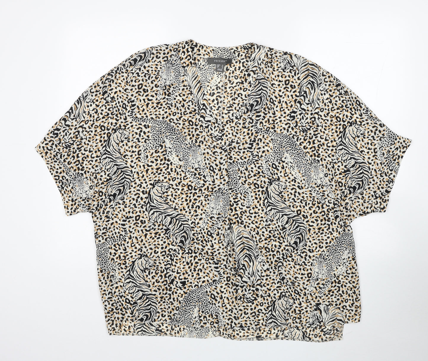 Primark Womens Beige Animal Print Polyester Basic Blouse Size 16 V-Neck - Leopard Tiger Print