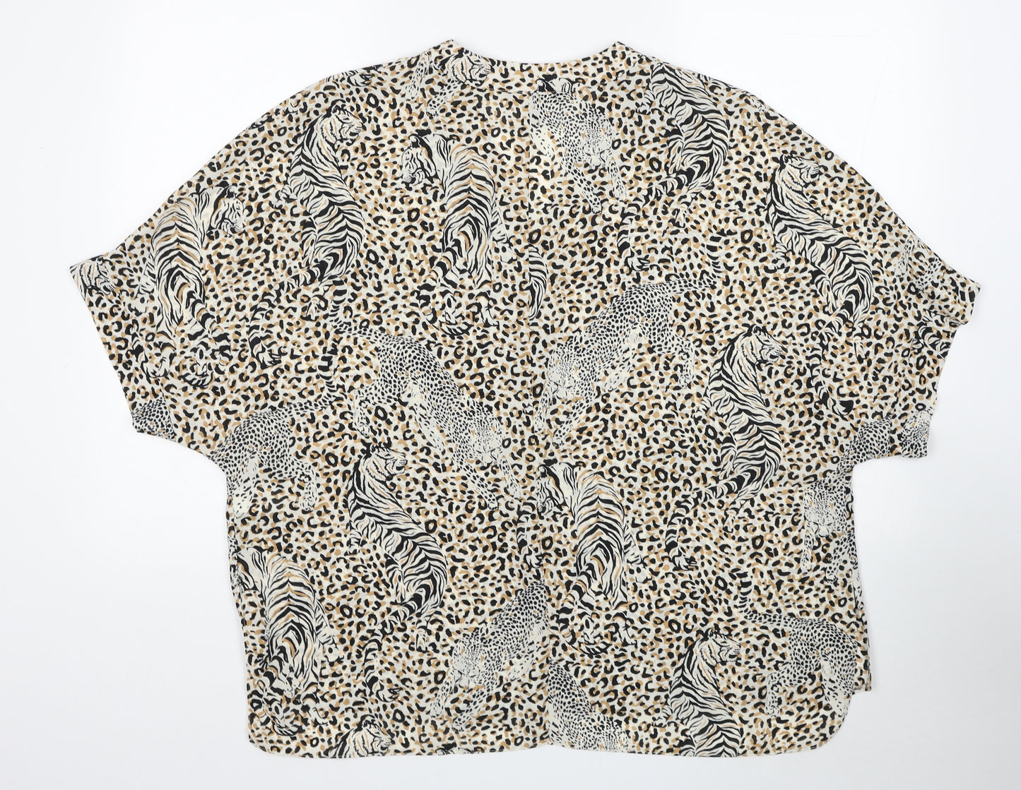 Primark Womens Beige Animal Print Polyester Basic Blouse Size 16 V-Neck - Leopard Tiger Print
