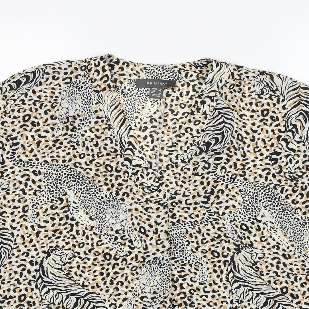 Primark Womens Beige Animal Print Polyester Basic Blouse Size 16 V-Neck - Leopard Tiger Print