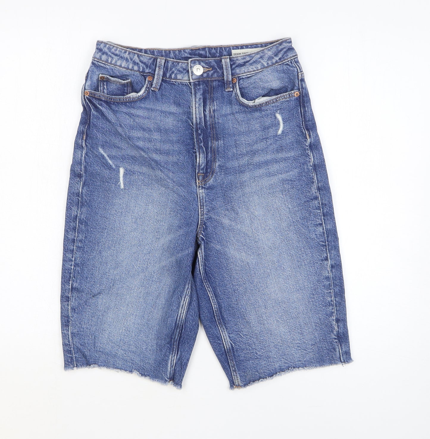 Marks and Spencer Womens Blue Cotton Cut-Off Shorts Size 8 L10 in Regular Zip