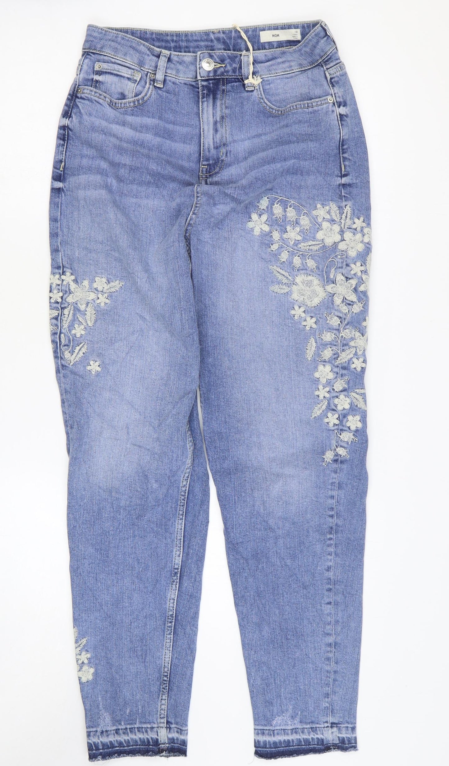 Marks and Spencer Womens Blue Floral Cotton Mom Jeans Size 10 L29 in Regular Zip