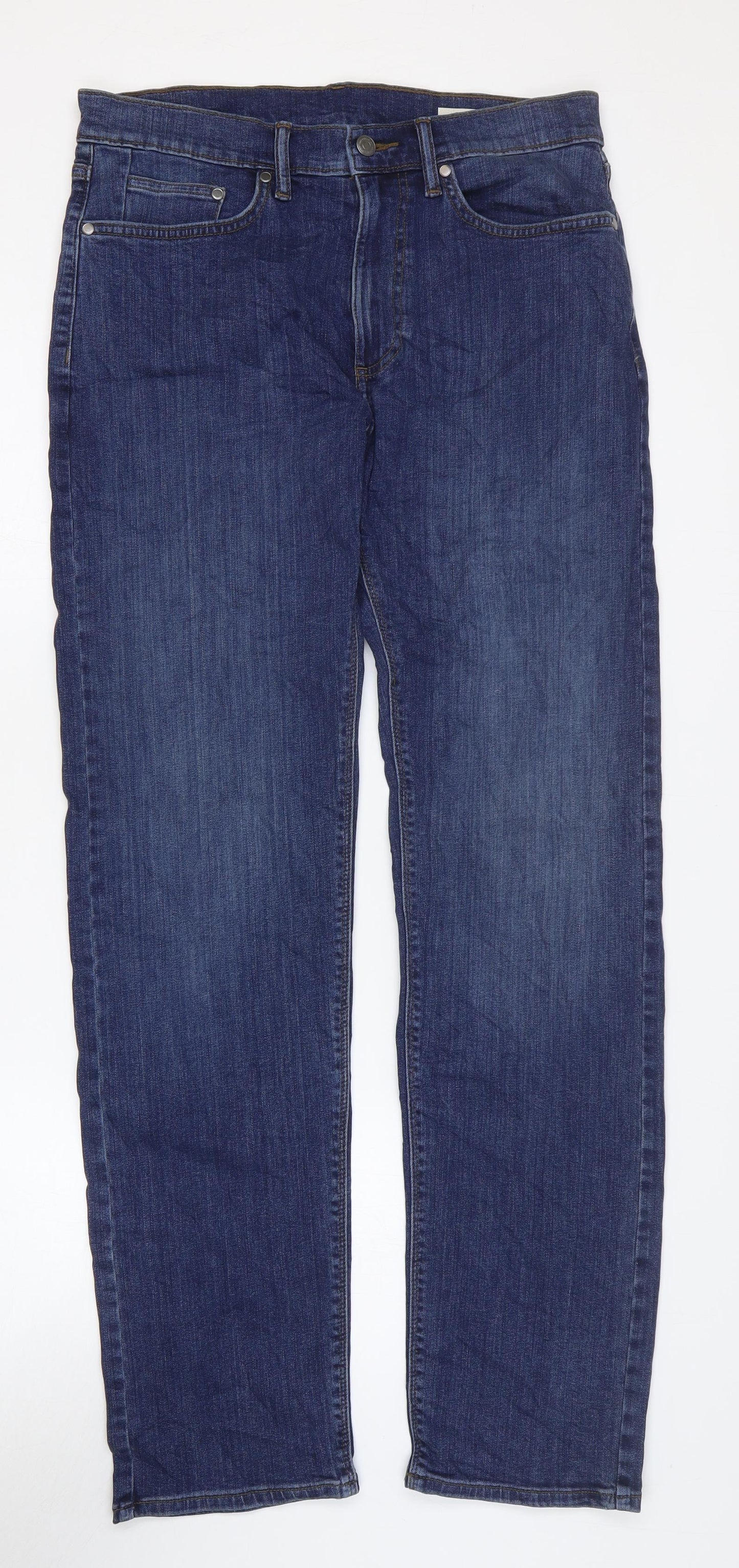 Marks and Spencer Mens Blue Cotton Straight Jeans Size 32 in L31 in Regular Zip