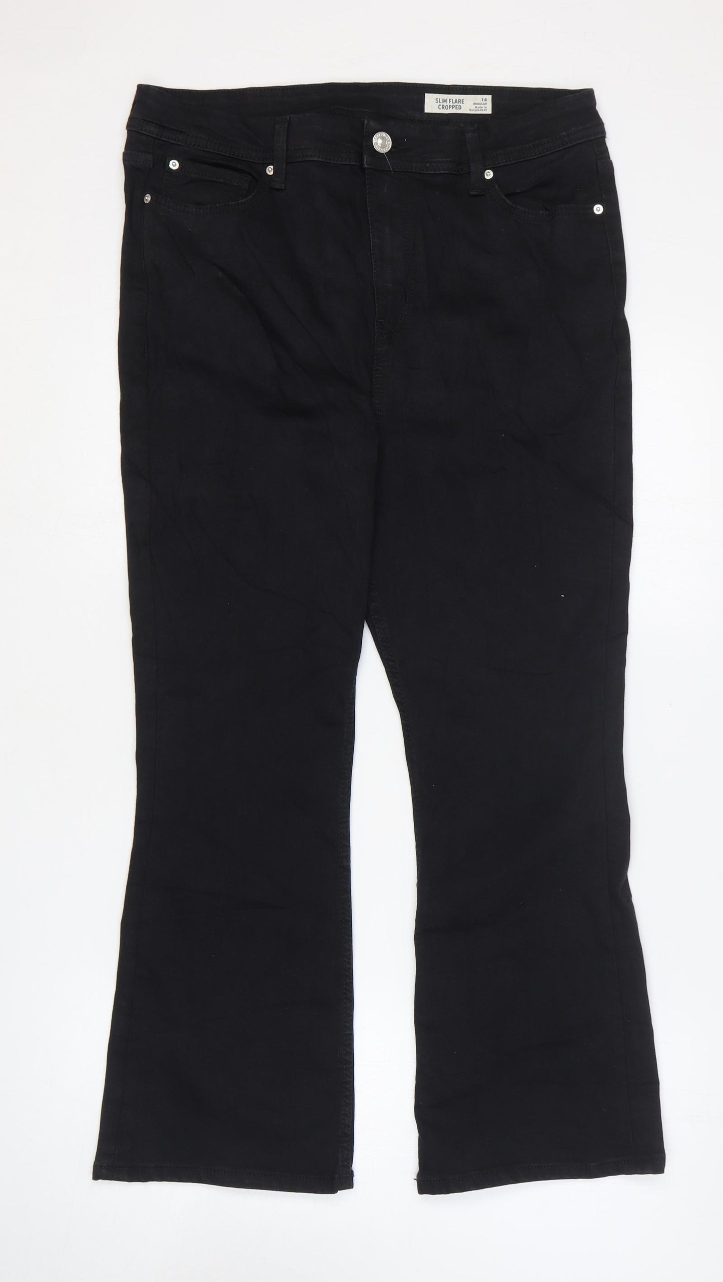 Marks and Spencer Womens Black Cotton Flared Jeans Size 14 L26 in Regular Zip - Cropped