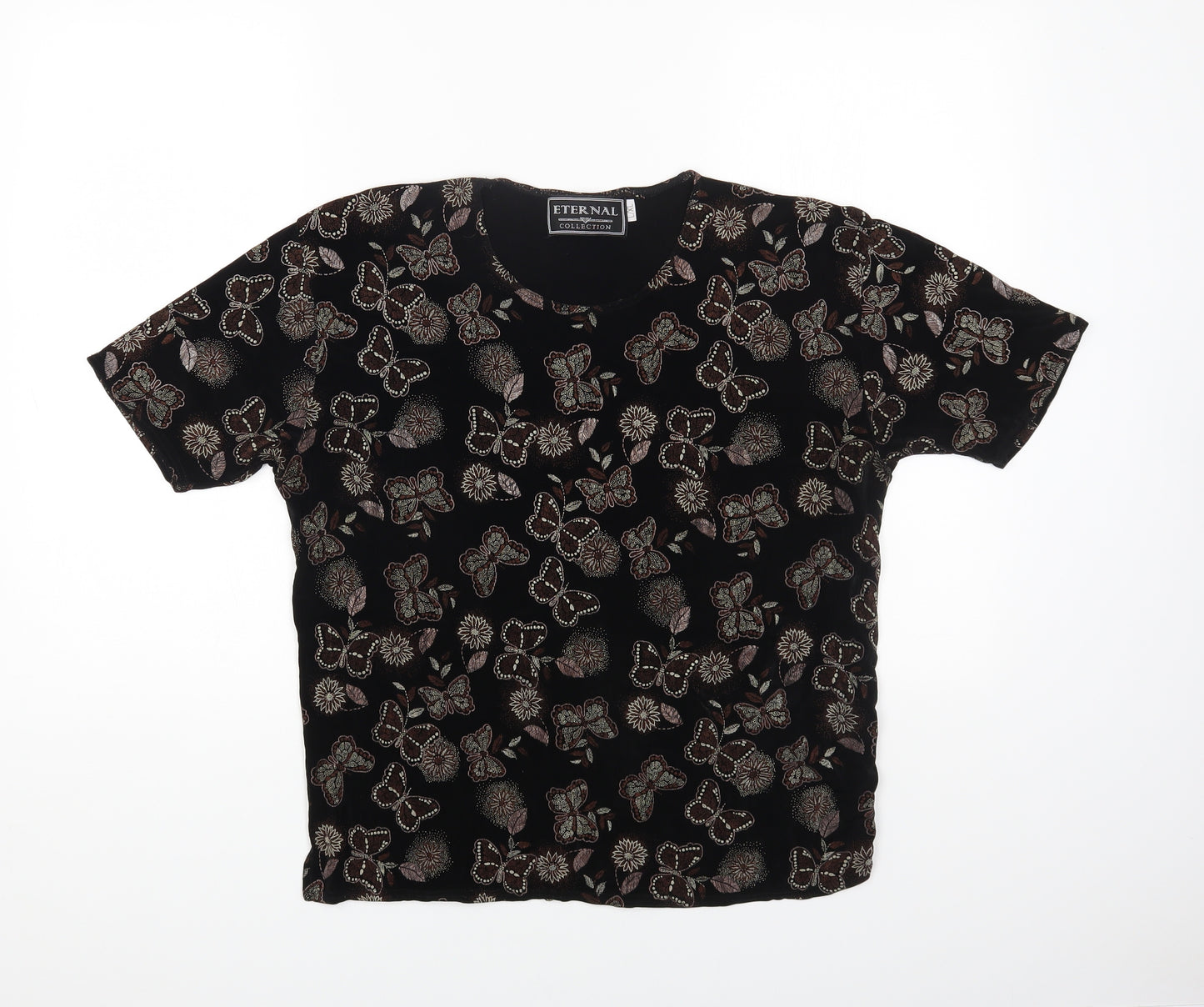 Eternal Womens Black Geometric Acetate Basic T-Shirt Size L Round Neck