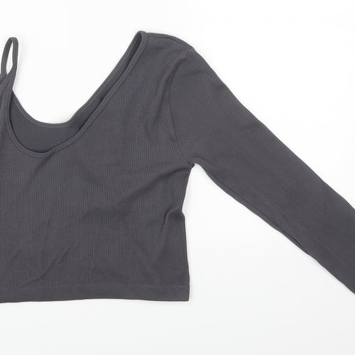 PRETTYLITTLETHING Womens Grey Polyamide Cropped T-Shirt Size L Off the Shoulder