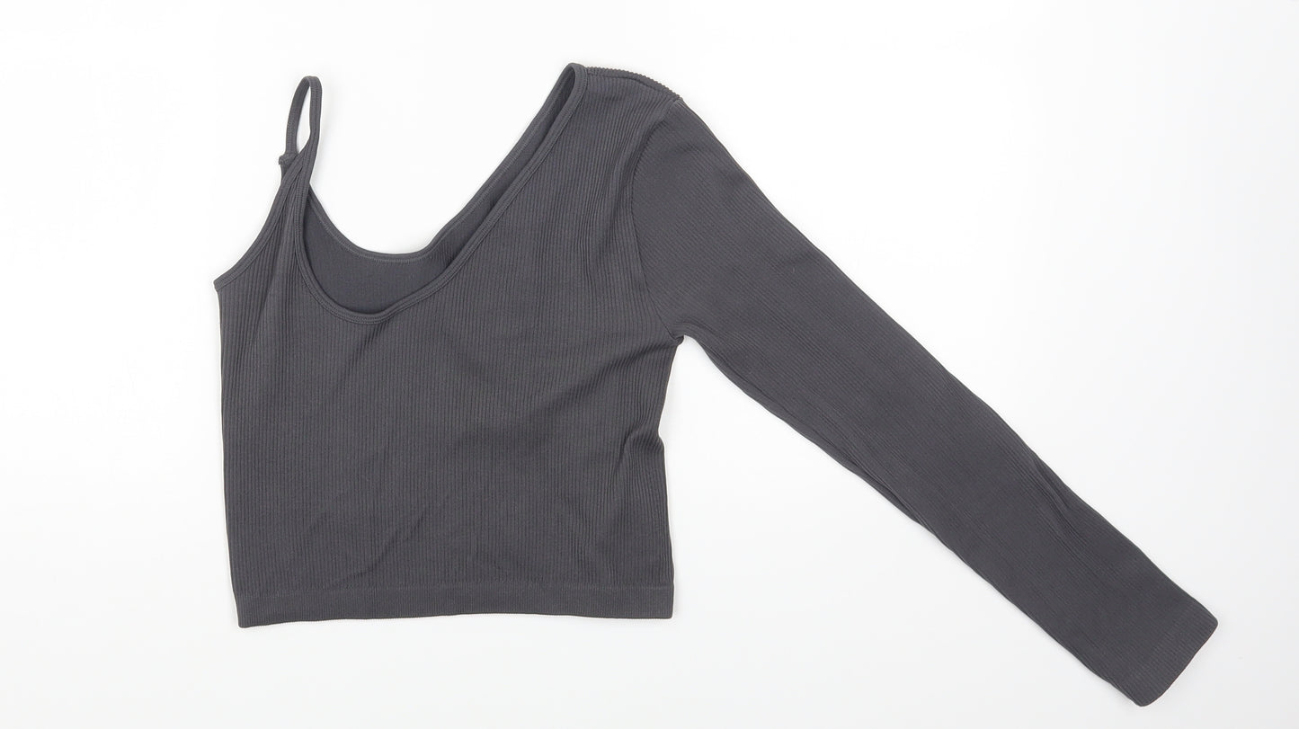 PRETTYLITTLETHING Womens Grey Polyamide Cropped T-Shirt Size L Off the Shoulder