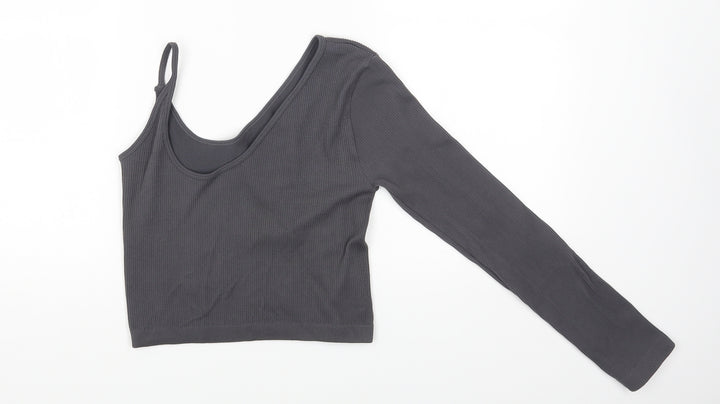PRETTYLITTLETHING Womens Grey Polyamide Cropped T-Shirt Size L Off the Shoulder
