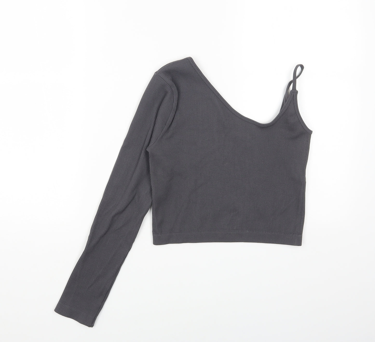 PRETTYLITTLETHING Womens Grey Polyamide Cropped T-Shirt Size L Off the Shoulder