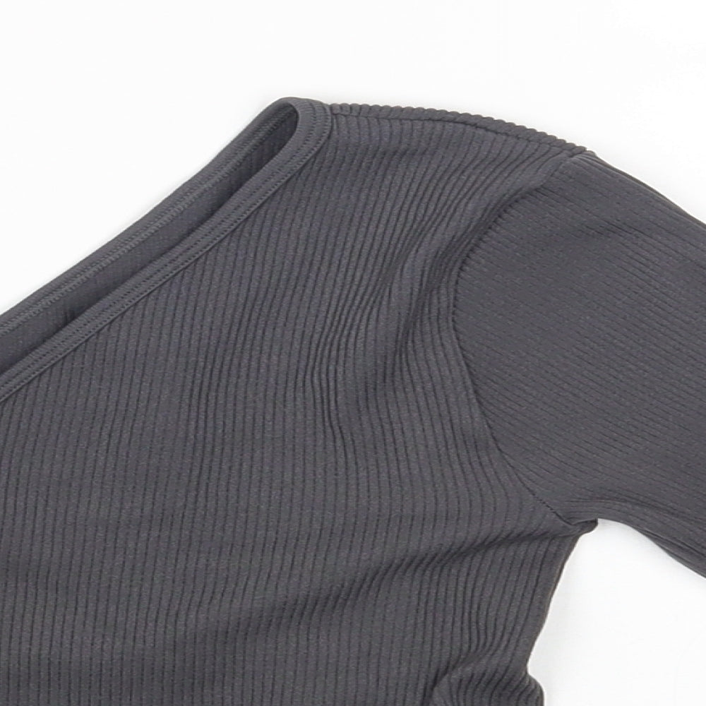 PRETTYLITTLETHING Womens Grey Polyamide Cropped T-Shirt Size L Off the Shoulder