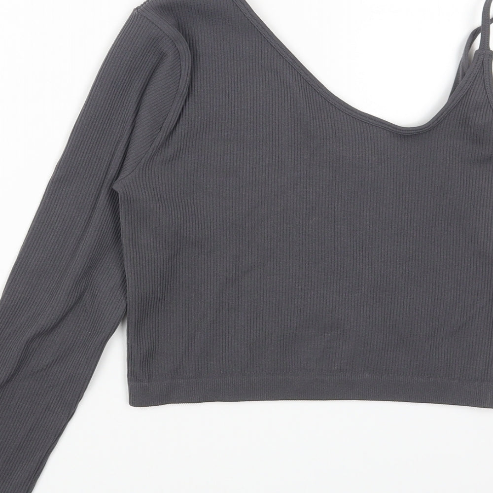 PRETTYLITTLETHING Womens Grey Polyamide Cropped T-Shirt Size L Off the Shoulder