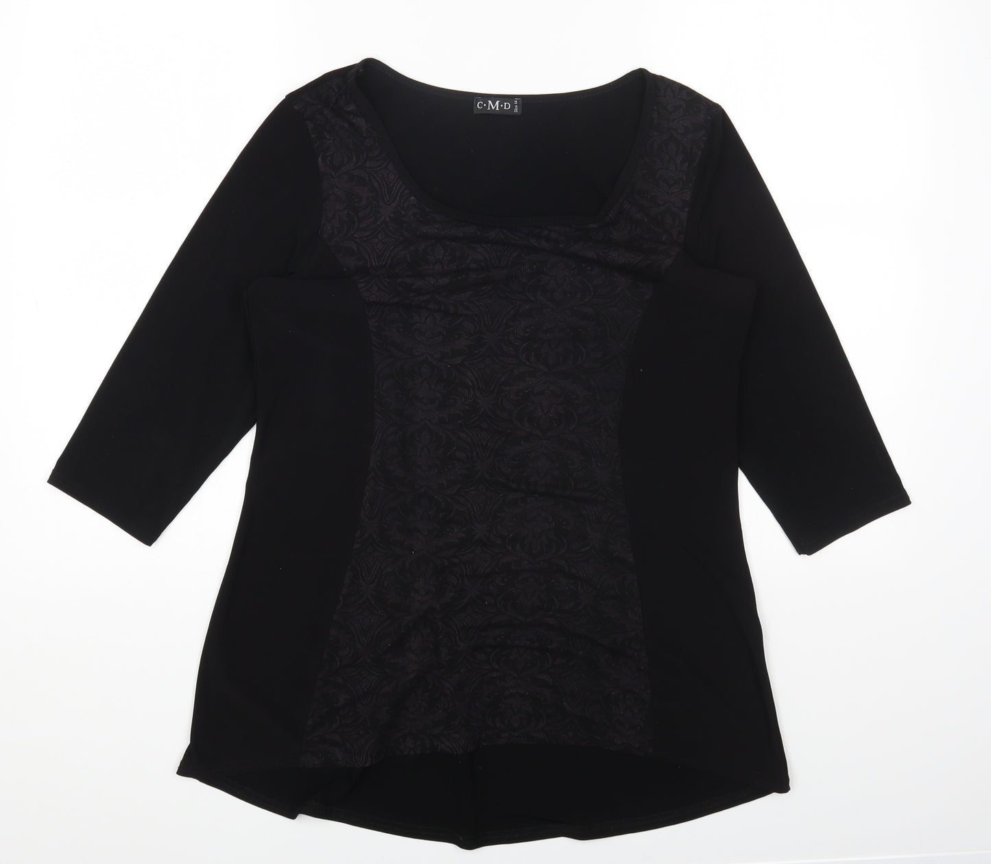 CMD Womens Black Geometric Polyester Basic T-Shirt Size 14 Scoop Neck
