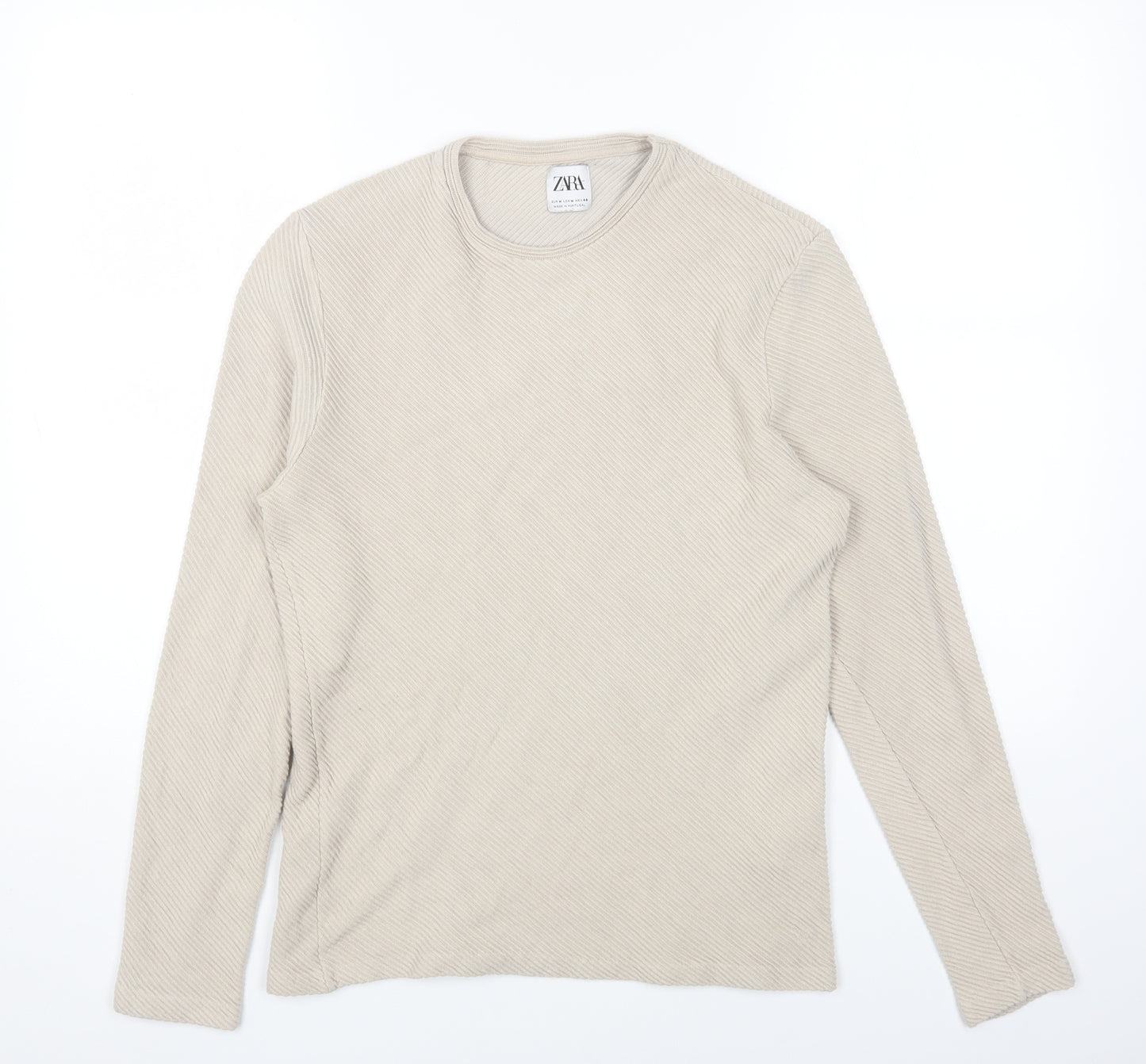 Zara Womens Beige Cotton Basic T-Shirt Size M Round Neck