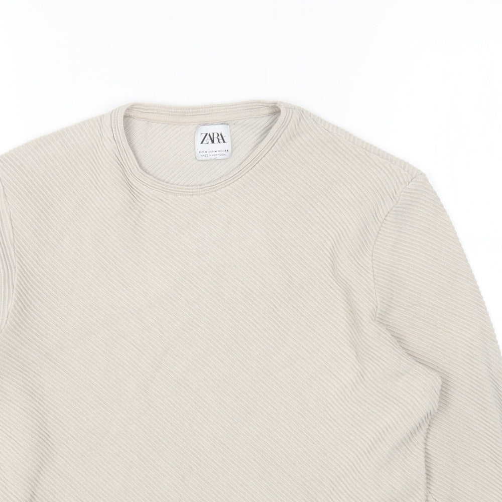 Zara Womens Beige Cotton Basic T-Shirt Size M Round Neck