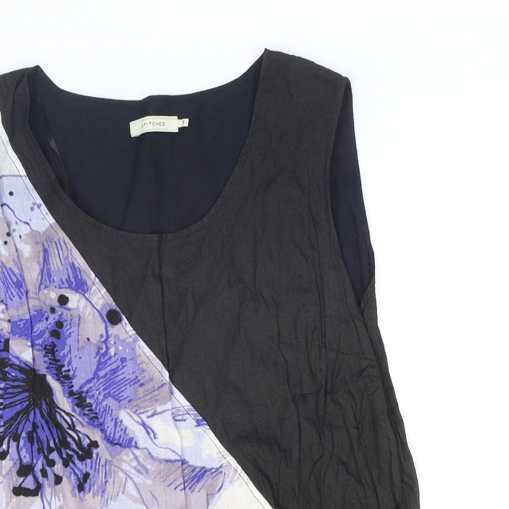 Stitches Womens Black Floral Cotton Basic Tank Size 16 Scoop Neck