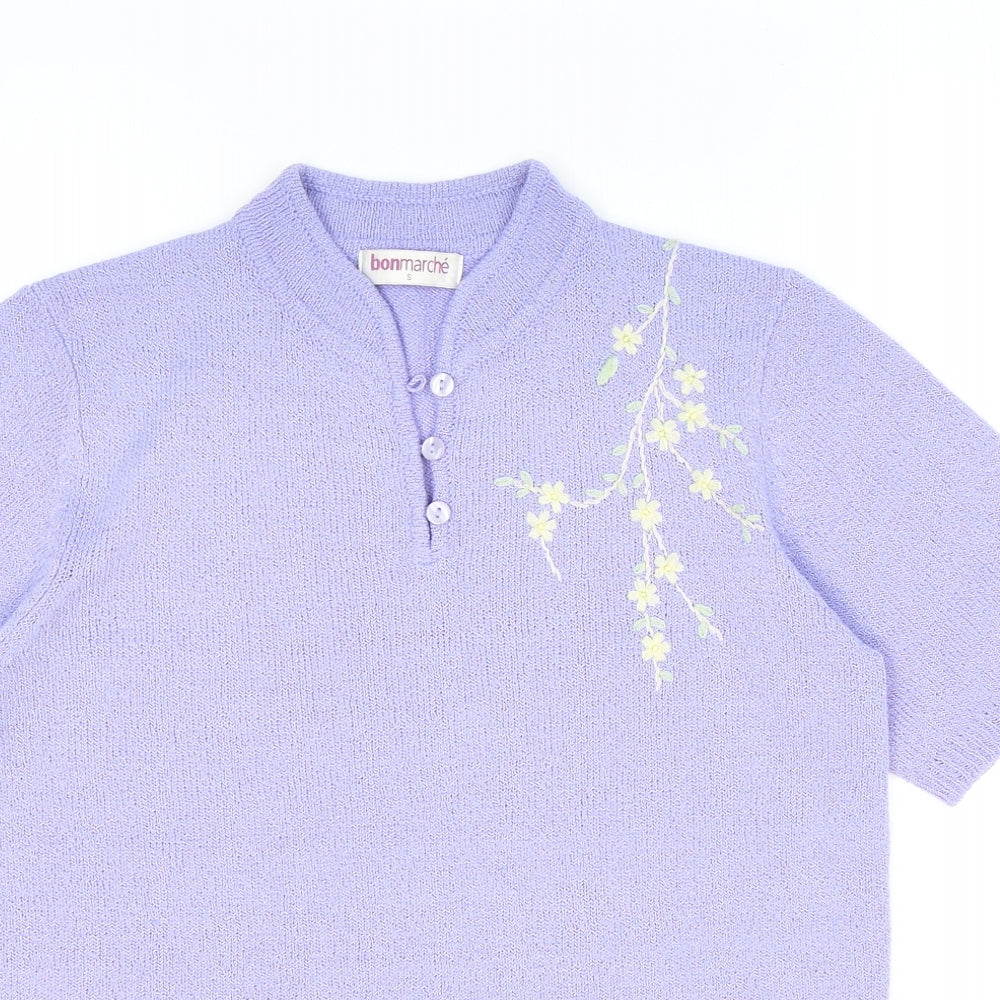 Bonmarché Womens Purple Collared Floral Acrylic Pullover Jumper Size S