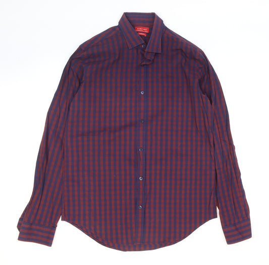 Zara Mens Purple Check Polyester Button-Up Size M Collared Button