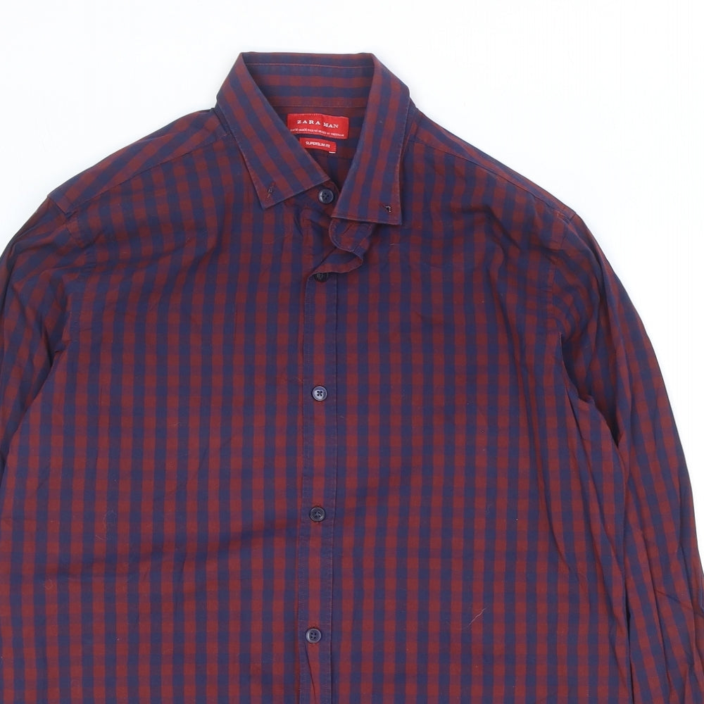 Zara Mens Purple Check Polyester Button-Up Size M Collared Button