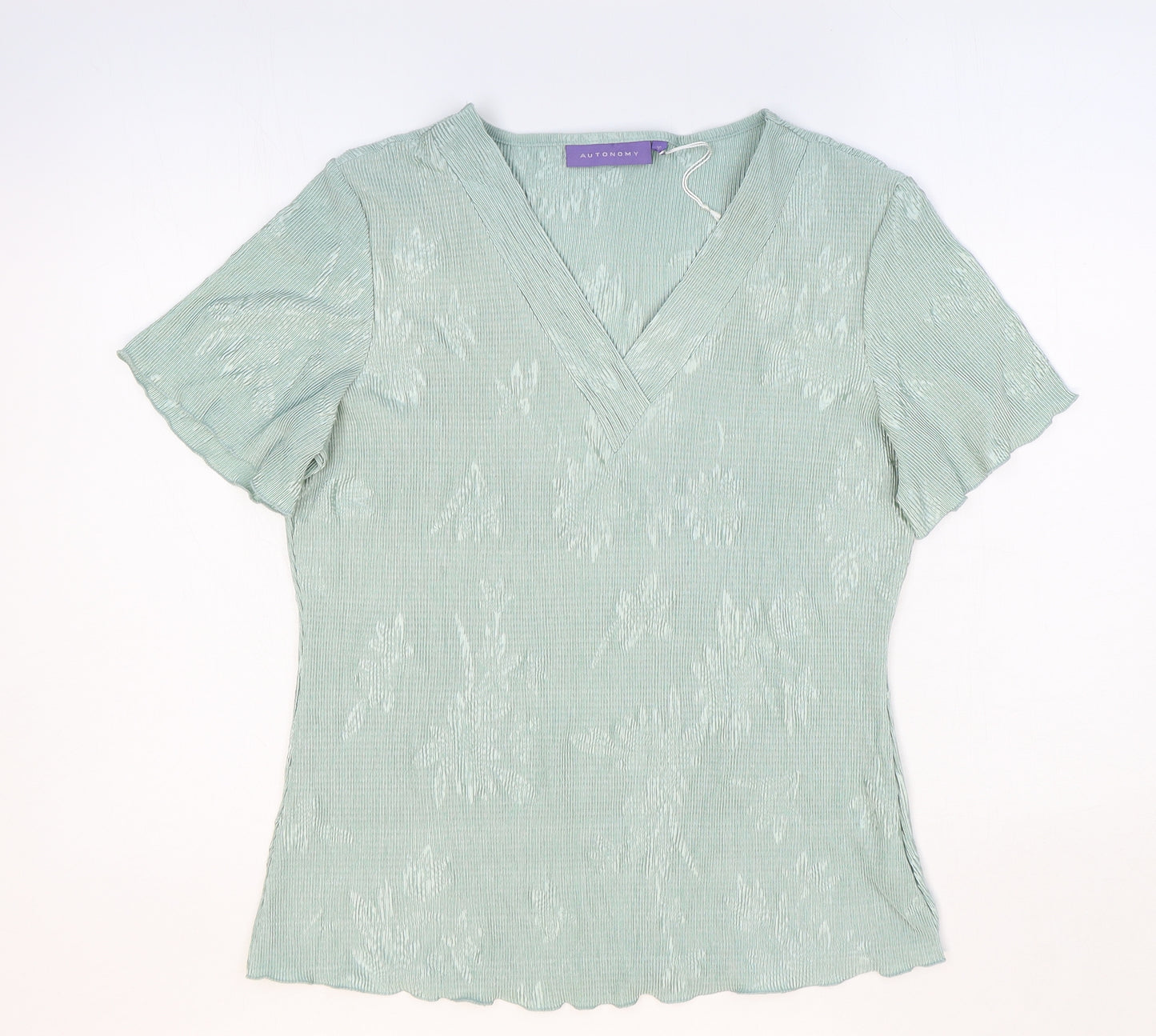 Autonomy Womens Blue Floral Polyester Basic T-Shirt Size 16 V-Neck - Crepe