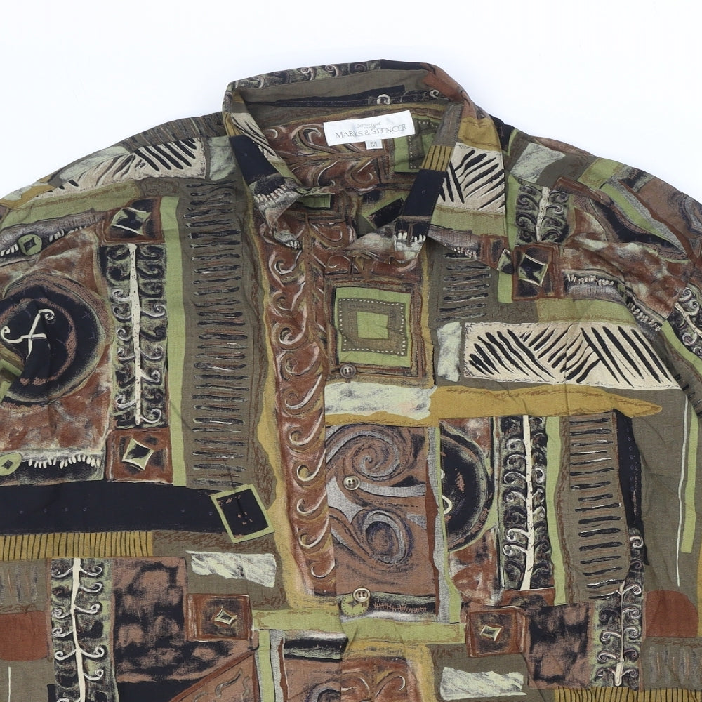 Marks and Spencer Mens Brown Geometric Viscose Button-Up Size M Collared Button