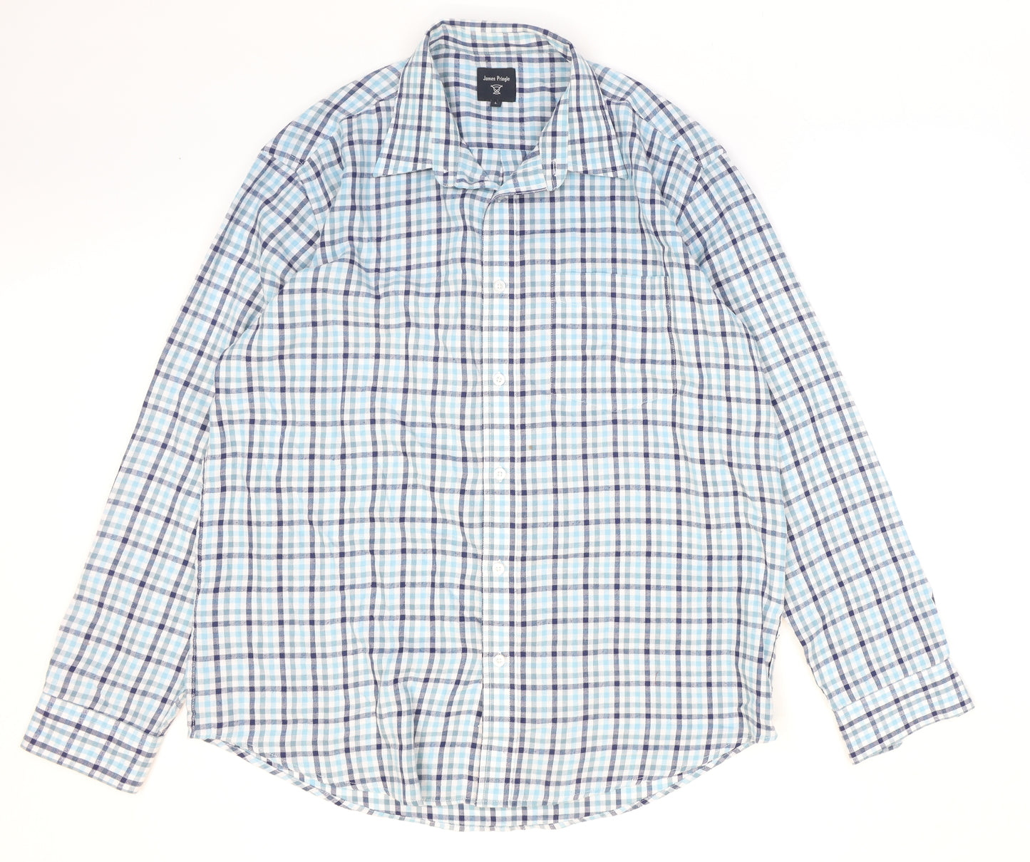 James Pringle Mens Blue Plaid Polyester Button-Up Size L Collared Button