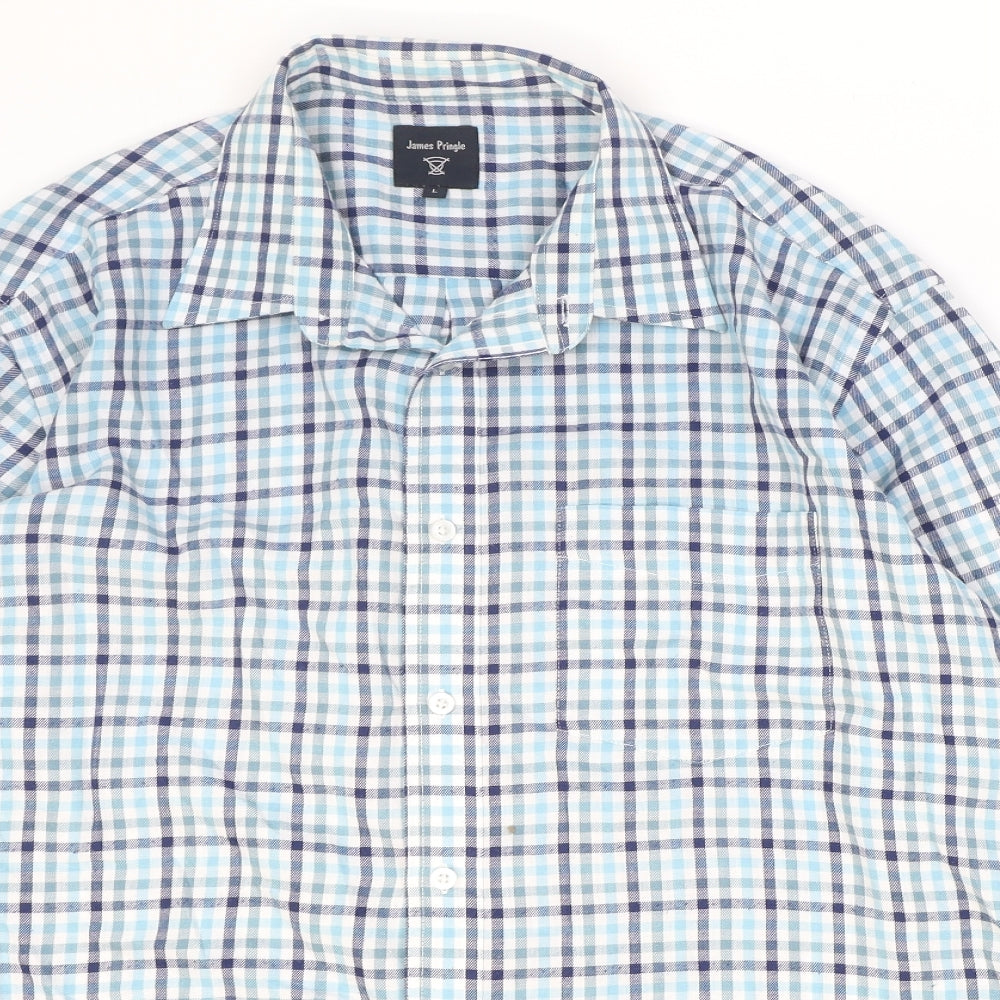 James Pringle Mens Blue Plaid Polyester Button-Up Size L Collared Button