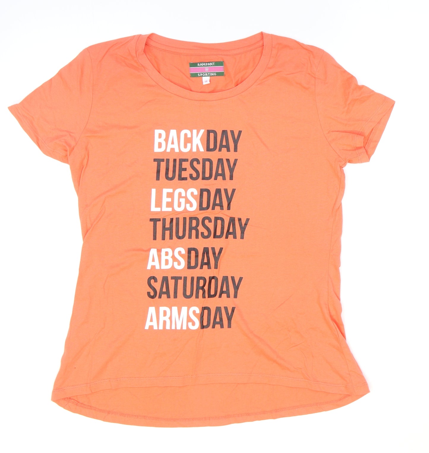 Rampant Sporting Womens Orange 100% Cotton Basic T-Shirt Size 14 Round Neck - Gym Weekdays