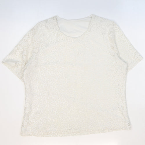 Preworn Womens White Floral Polyamide Basic T-Shirt Size 16 Round Neck